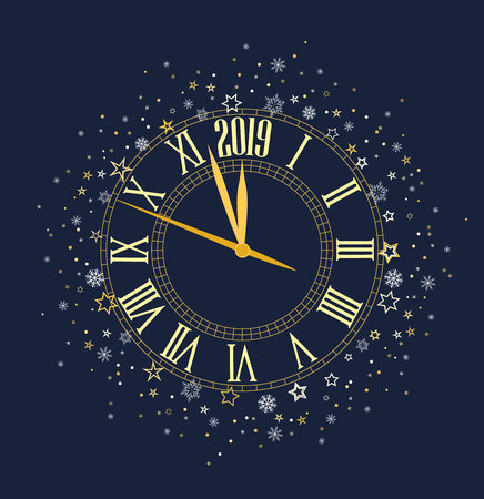 Happy New Year 2019, vector illustration Christmas background with clock showing yearのイラスト素材