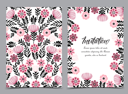 Vector illustration of a flowers with leaves. Floral background. Set of greeting cardsのイラスト素材
