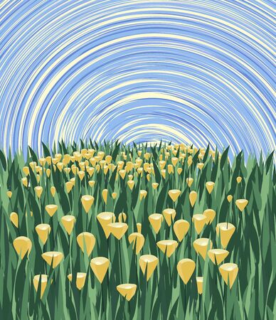 Vector illustration of meadow with flowers and sky. Abstract background with landscapeのイラスト素材