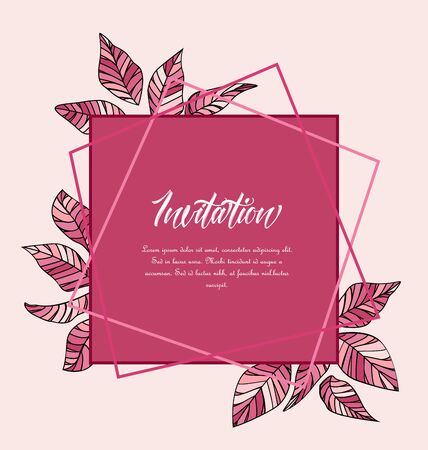 Vector illustration floral greenery card design. Forest leaves. Wedding invite poster invitation. Green leaves borderのイラスト素材