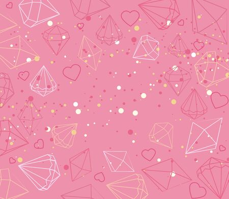 Vector illustration of greeting card with jewels, diamant, hearts. Beautiful confetti hearts falling on background. Invitation Template Background Design, Valentines Day or Mothers Dayのイラスト素材