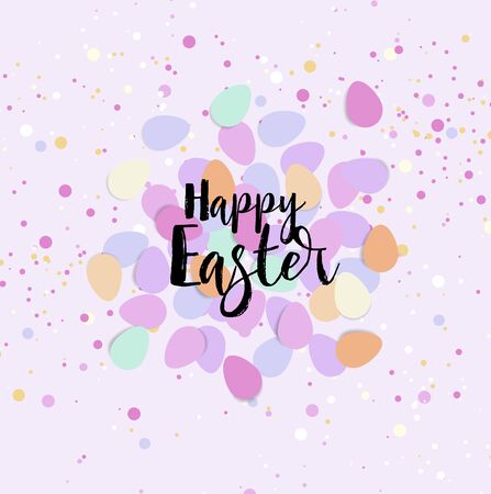 Vector illustration Happy Easter composition. Easter eggs, confetti on pink background. Flat lay, top viewのイラスト素材