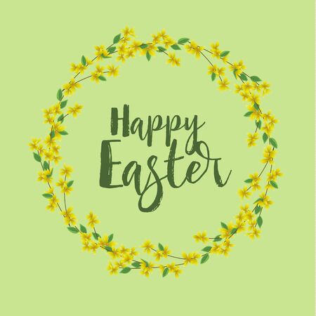 Vector illustration of Forsythia flower from tree. Spring landscape, nature background. Frame decoration yellow flowers card Happy Easter. Golden Rainのイラスト素材