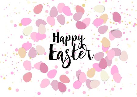 Vector illustration Happy Easter composition. Easter eggs, confetti on pink background. Flat lay, top viewのイラスト素材