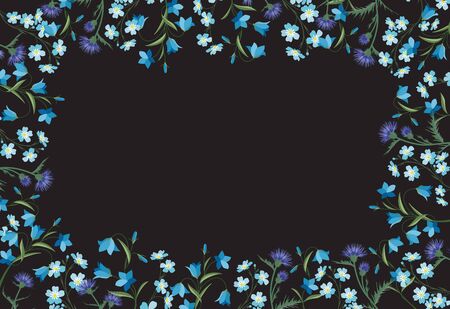 Vector illustration of colorful flowers. Frame floral decorations on a dark background. Nature backgroundのイラスト素材