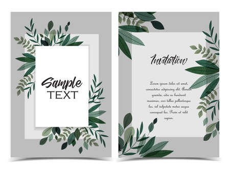 Vector illustration invitation card template with branches and leaf decoration. Set of greeting cardsのイラスト素材