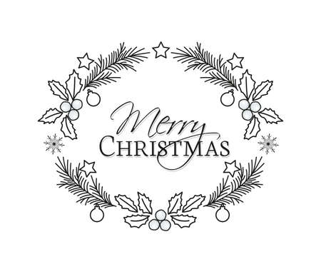 Vector illustration of Christmas frame with pine branches and mistletoe. Happy Christmas greeting card. Happy New Yearのイラスト素材