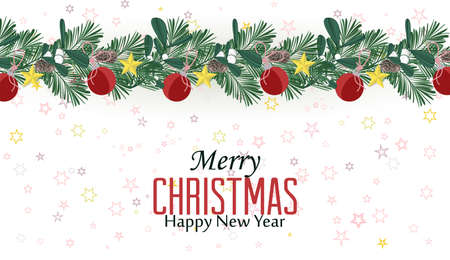 Vector illustration Christmas decorative branches with ornaments. Happy Christmas greeting cardのイラスト素材