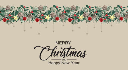 Vector illustration Christmas decorative branches with ornaments. Happy Christmas greeting cardのイラスト素材