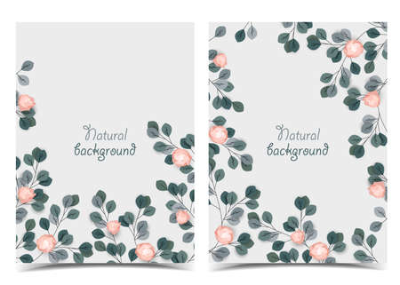 Vector illustration with roses and leaves. Romantic background with branches for invitations. Set of greeting cardsのイラスト素材