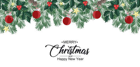 Vector illustration Christmas decorative branches with ornaments. Happy Christmas greeting cardのイラスト素材