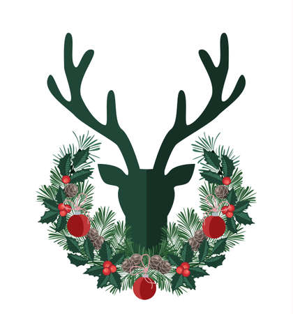 Vector illustration of deer antlers with mistletoe. Christmas cardのイラスト素材