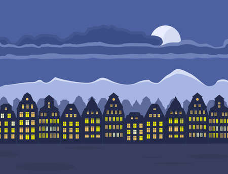 Vector illustration of old town at night. Night sky with moonのイラスト素材