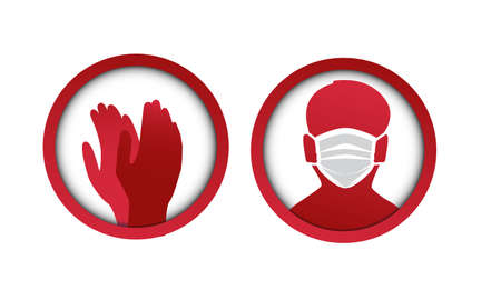 Vector illustration for graphic and webdesign, face with mask and gloves icon. Medical masks for face and hand protectionのイラスト素材