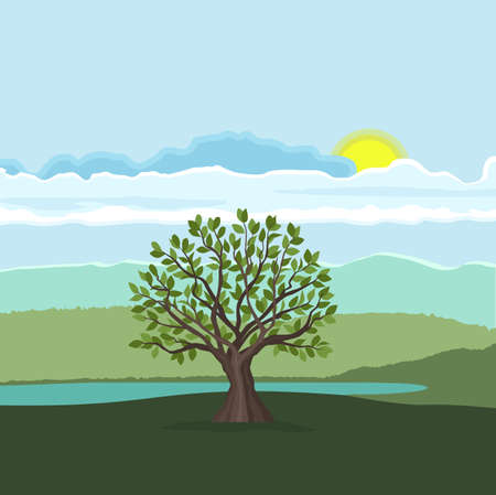 Vector illustration of trees with leaves. Landscape background with forestのイラスト素材