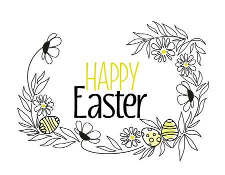Vector illustration of floral decoration silhouettes with eggs. Easter backgroundのイラスト素材