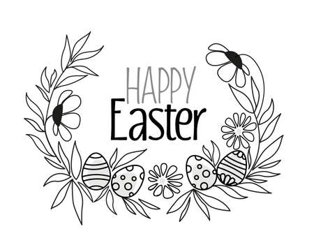 Vector illustration of floral decoration silhouettes with eggs. Easter backgroundのイラスト素材