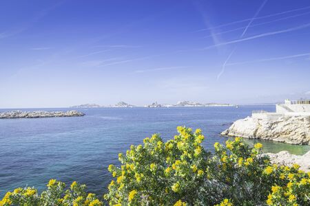 Marseille, France, the cornice. View of the Malmousque peninsula, with the islands in the background.の写真素材
