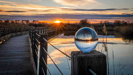 Glass ball on a pontoon in Camargue in France with sunset.の写真素材