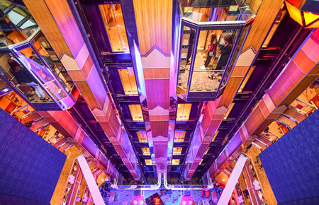 View of atrium elevators inside the Costa Fortuna cruise ship at the port terminal in Marseille, France, April 28, 2019.のeditorial素材