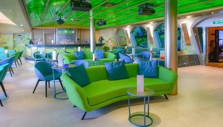 View of the Conte verde lounge inside the Costa Fortuna cruise ship at the port terminal in Marseille, France, April 28, 2019.のeditorial素材