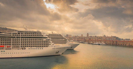 View of MSC Orchestra and MSC Magnifica calling at the port terminal of Genoa, Italy on May 03, 2019.のeditorial素材