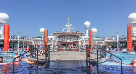 View of the swimming pool deck of the Royal Caribbean cruise ship Freedom of the Seas at the port of Marseille, France on June 12, 2017.のeditorial素材