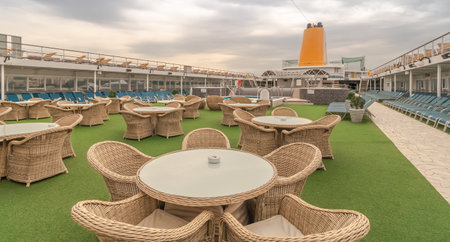 View of the swimming pool deck of the Costa Neoriviera cruise ship at the terminal of the cruise port of Marseille, France, April 21, 2019. Ship that became the AÃ¯damira of the AÃ¯da company in November 2019.のeditorial素材