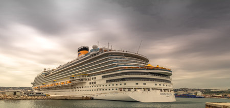 View of the Costa Diadema cruise ship at the cruise port terminal in Marseille, France, April 21, 2019. Flagship of the Costa Cruises fleet.のeditorial素材