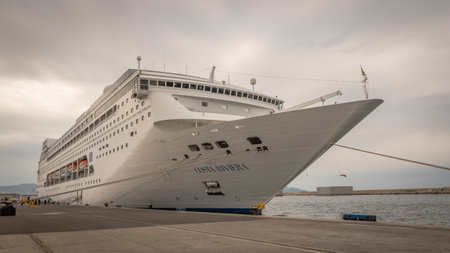 View of the Costa Neoriviera cruise ship at the terminal of the cruise port of Marseille, France, April 21, 2019. Ship that became AÃ¯damira for AÃ¯da in November 2019.のeditorial素材