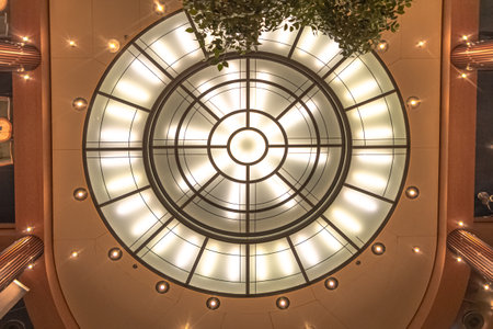 View of the majestic chandelier of the atrium of the Costa Neoriviera cruise ship at the port of Marseille, France, April 21, 2019. Ship that became the AÃ¯damira of the AÃ¯da company in November 2019.のeditorial素材