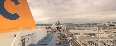 View of the swimming pool deck of the Costa Neoriviera cruise ship at the terminal of the cruise port of Marseille, France, April 21, 2019. Ship that became the AÃ¯damira of the AÃ¯da company in November 2019.のeditorial素材
