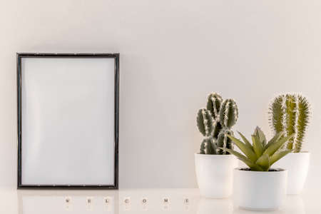 White photo frame template with empty space for logos, advertising inscription. Portrait frame on a workspace with green plants. Zen atmosphere.の写真素材