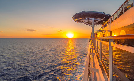 View from the deck of the MSC Seaside, cruise ship of the MSC Cruises Company on July 15, 2021 underway at sunset.のeditorial素材