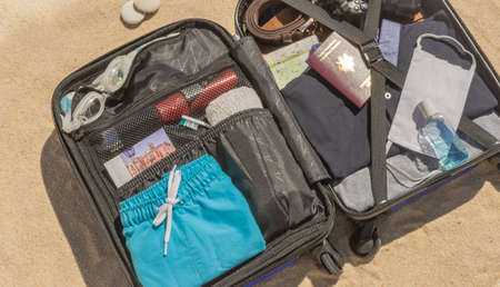 Suitcase on wheels for traveling with mask for face protection and hydroalcoholic gel to fight...