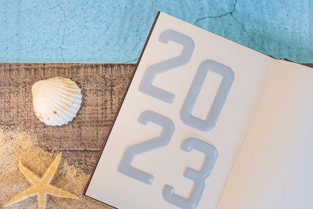 Happy New Year 2023 concept with a seashell and a starfish by a swimming pool. Winter vacation in the sun.の写真素材