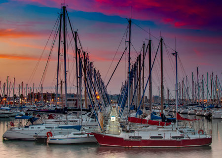 Yachts and boats in the port of Palavas les Flots at sunset, France.の写真素材