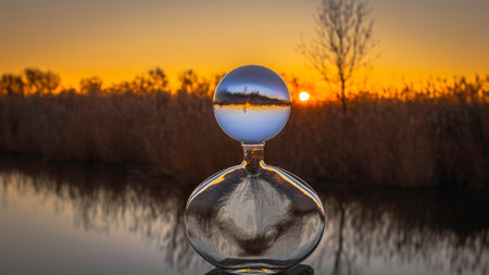 A crystal ball with a reflection of the setting sun in the water.