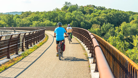 Cyclists on the bridge in the park on a sunny dayの写真素材
