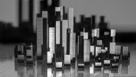 Panorama of buildings and urban landscape on black background in metal staples. Architecture project, construction, development, urban concept, real estate, business.の写真素材