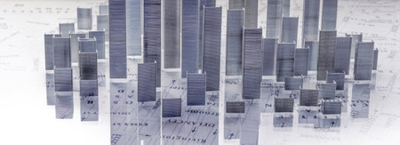 Panorama of buildings and urban landscape on white background in metal staples. Architecture project, construction, development, urban concept, real estate, business.の写真素材
