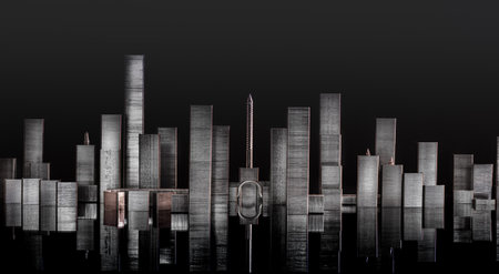 Panorama of buildings and urban landscape on black background in metal staples. Architecture project, construction, development, urban concept, real estate, business.の写真素材