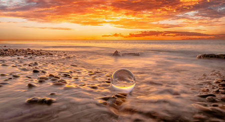Beautiful sunset on the beach with a crystal ball in the foregroundの写真素材