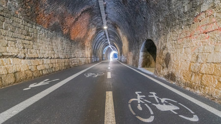 Bicycle lane in the tunnel of the city of Levanto, Italy.の写真素材
