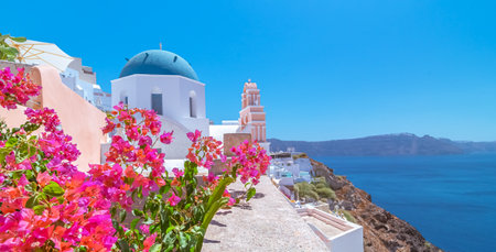 Panoramic view of Oia village on Santorini island, Greeceの写真素材