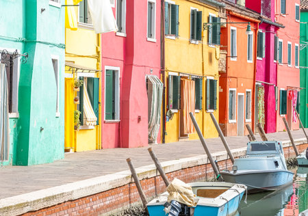 Colorful houses in Burano island, Venice, Italy. Burano is a small island in the Venetian Lagoon.の写真素材