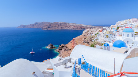 Panoramic view of Oia village on Santorini island, Greeceの写真素材