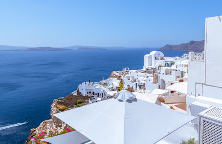 White architecture on Santorini island, Greece. Beautiful landscape with sea viewの写真素材