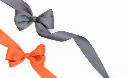 Black and red bow ribbon isolated on white background, clipping path includedの写真素材