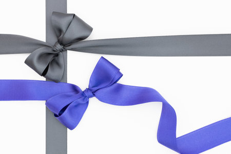 Blue and gray ribbons with bow isolated on white background, clipping path includedの写真素材